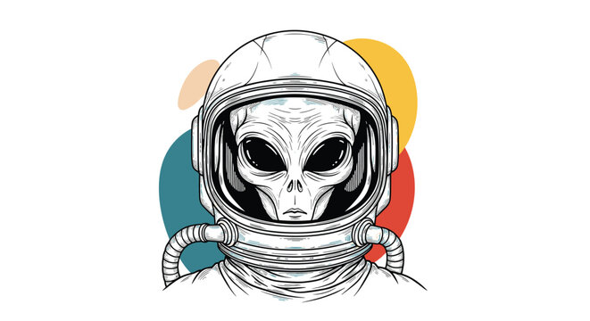 Stylized illustration of a gray alien head wearing an astronaut helmet with colorful circular backgrounds.