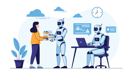Fototapeta premium Futuristic office scene with robots assisting a woman with books and another robot working on a laptop.