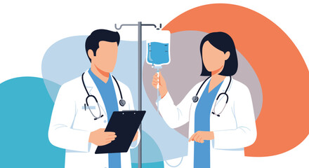 Fototapeta premium Two professional doctors in lab coats standing near a medical iv drip bag and holding a clipboard.