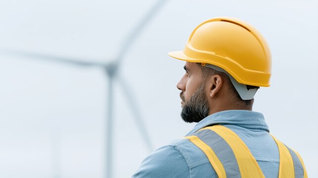 Renewable energy engineer standing at a wind farm wearing safety equipment, sustainable energy innovation and environmental responsibility concept