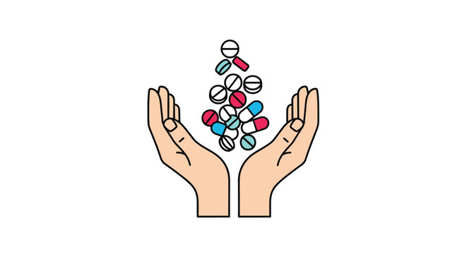 Two hands held open to catch a variety of falling colorful pharmaceutical pills and medicine capsules representing healthcare and treatment.