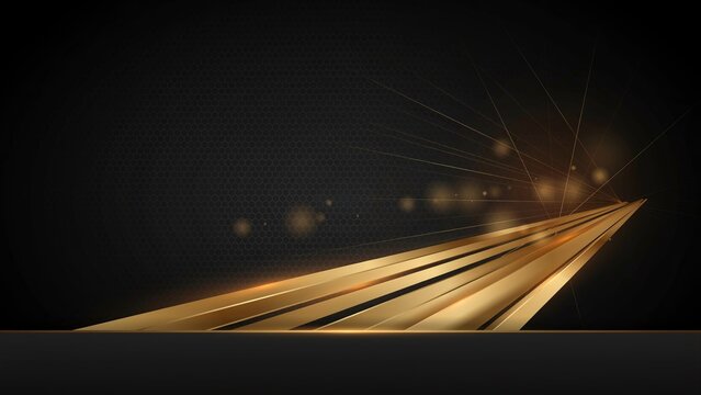 Golden abstract geometric shapes radiating from a dark textured full hd 4k stock image download background with bokeh lights