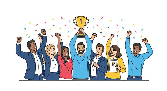 Group of diverse business professionals cheering and celebrating their victory while a man in the center holds up a golden first place trophy.