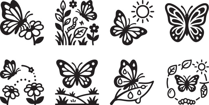 Cute butterfly silhouette logo icons set