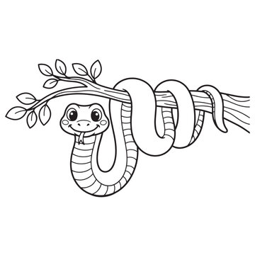 Cute cartoon snake wrapped around a tree branch coloring page for kids vector design.