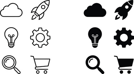 Business startup icon collection vector featuring cloud rocket lightbulb gear magnifier and shopping cart outline solid style © MstLaky