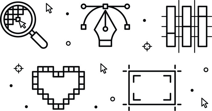 Graphic design software line icon vector collection featuring pen tool pixel art heart magnifier grid and selection box