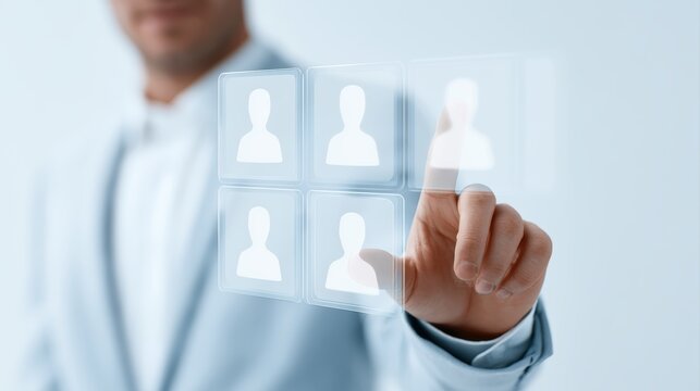 HR manager analyzing candidate profiles through a holographic recruitment dashboard with competency scoring and talent insights