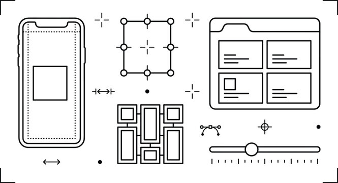 UI UX web design prototyping line icon collection vector featuring mobile wireframe browser layout grid and responsive slider