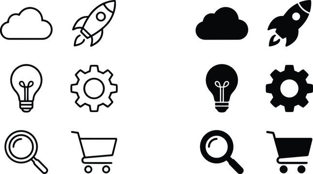 Business startup icon collection vector featuring cloud rocket lightbulb gear magnifier and shopping cart outline solid style