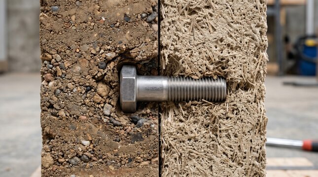 Anclaje industrial en muro de construcci&oacute;n sostenible de tierra apisonada y hormig&oacute;n de c&aacute;&ntilde;amo