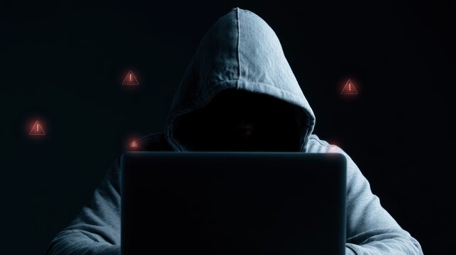 Anonymous individual in a hoodie operating a laptop while surrounded by floating danger indicators and digital alert triangles, illustrating cyberattack risk and malicious activity detection
