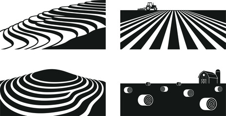 Agriculture farming landscape silhouette vector collection featuring rice terraces tractor plowing lines barn and hay bales © MstLaky