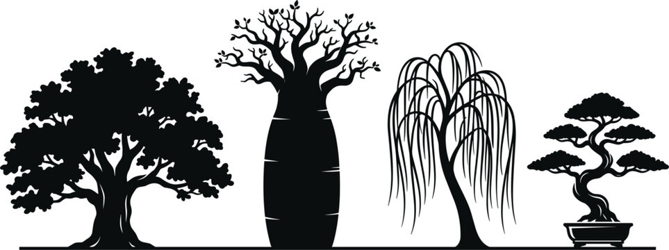 Various tree silhouette vector collection featuring detailed oak baobab weeping willow and potted bonsai botanical plant shapes