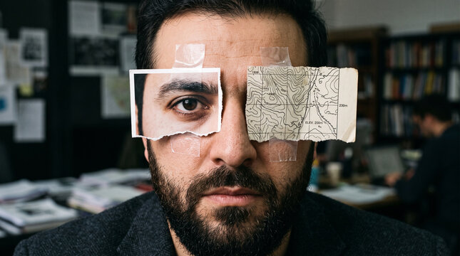 Retrato conceptual editorial superposici&oacute;n de mapas y ojos sobre rostro masculino