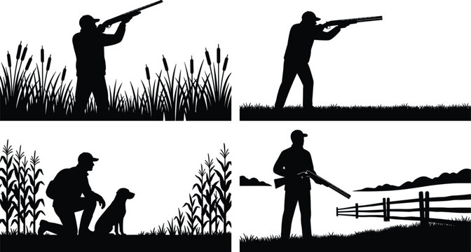 Waterfowl hunting silhouette vector bundle featuring hunters with shotguns hunting dog reeds and cornfield outdoor landscapes