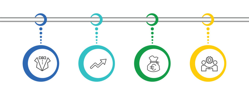 business and analytics icon set with dress code, graphic arrow, euro money bag, partnership signs in flat outline style