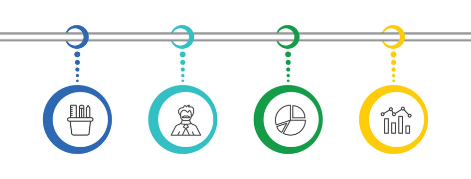 business and analytics icon set with supplies, man with moustach, portion pie chart, analytic visualization signs in flat outline style
