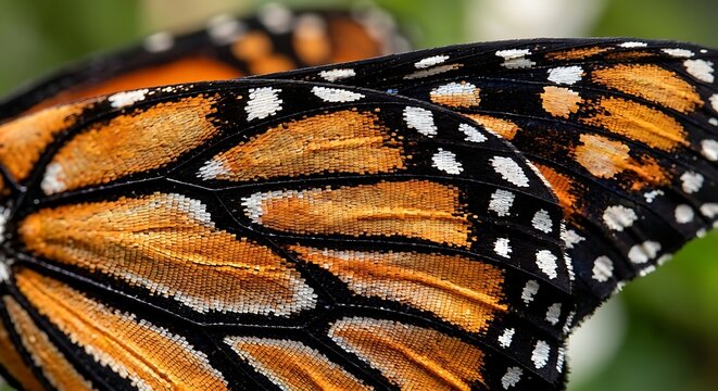 Extreme Close-Up Macro Shot of Monarch Butterfly Wing Showing Orange Black and White Scale Texture