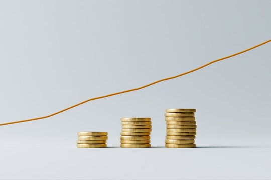 Investment uncertainty concept featuring gold coins balancing against fluctuating trend lines, editorial-free financial illustration