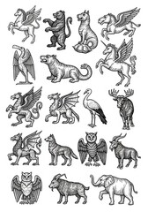Fototapeta premium Set of Vintage Medieval Heraldic Mythical Creatures and Animals Woodcut Engraving Style Illustrations on White Background