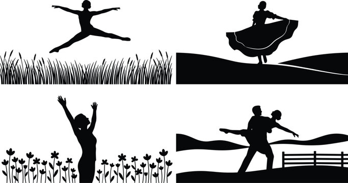 Dancing people silhouette vector set featuring ballet dancer couple folk dancing and jumping in outdoor nature landscapes