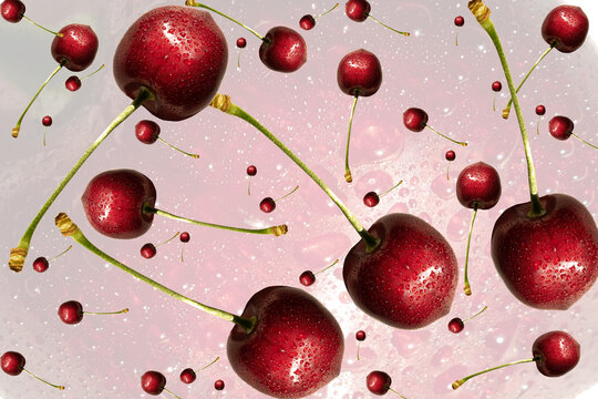 Creative floating cherry pattern with water drops and hard shadows on fresh wet abstract background food art