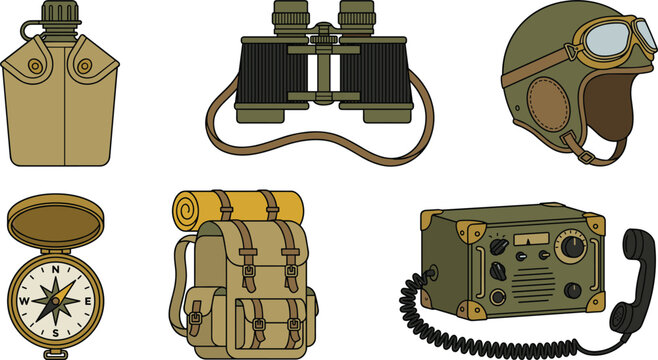 Vintage military adventure gear vector set featuring canteen binoculars pilot helmet compass tactical backpack and radio transceiver