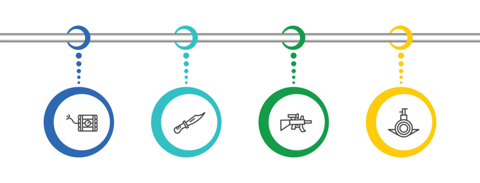 military and war and icon set with time bomb with clock, combat knife, assault, submarine front view signs in flat outline style