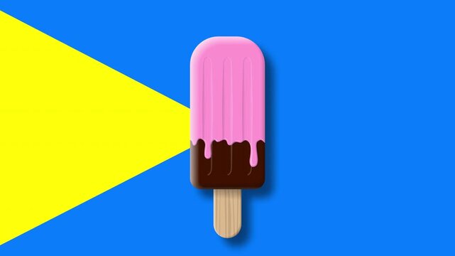chocolate ice cream stick with melted strawberry topping on blue yellow background animated video footage
