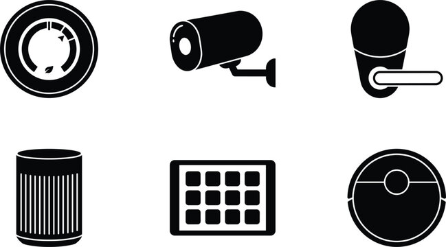 Smart home automation icon set vector collection featuring security camera thermostat smart lock control panel and cleaner