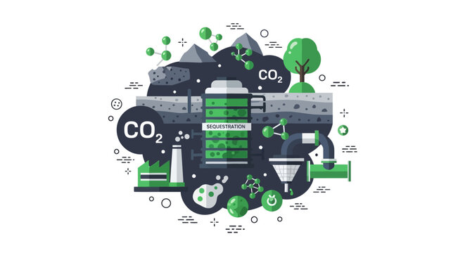 Carbon Sequestration and CO2 Capture Infographic Illustration Representing Climate Change Mitigation and Green Industrial Technology