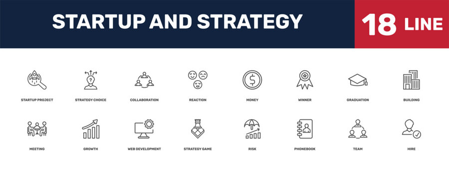 startup and strategy icon set with _icon18_, _icon17_, startup project search, graduation signs in flat outline style