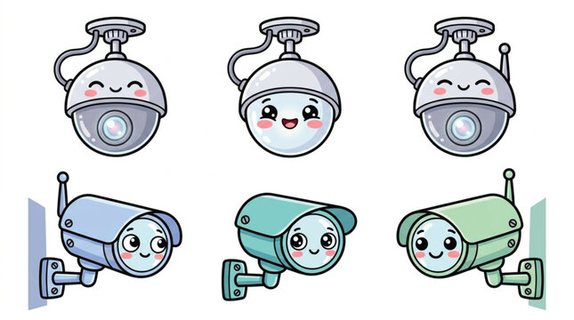 Cute cartoon security camera vector set with playful CCTV characters and funny surveillance icons for kids