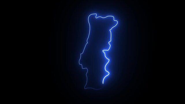 Glowing blue neon outline of portugal map on a dark black background