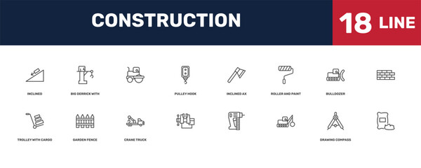 construction icon set with _icon18_, _icon17_, inclined, bulldozer signs in flat outline style © Abstract