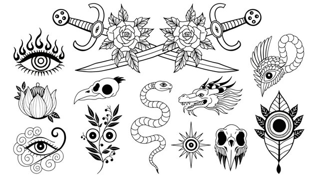 Collection of detailed line art illustrations of various mythical creatures and animals.