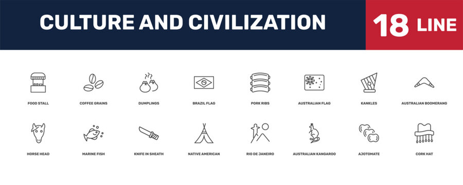 culture and civilization icon set with _icon18_, _icon17_, food stall, kankles signs in flat outline style