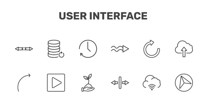 user interface icon set with turn, back up, circular arrow clock, navigation arrow signs in flat outline style