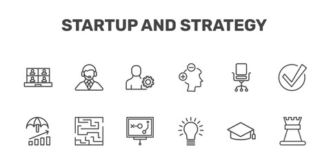 startup and strategy icon set with video conference, customer support, admin, rook signs in flat outline style © Abstract