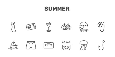 Fototapeta premium summer icon set with dress, plane ticket, refreshing cold drink, fish and hook signs in flat outline style