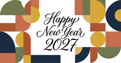 Happy New Year 2027 Celebration Banner with Calligraphy Lettering and Abstract Geometric Mosaic Shapes for Holiday Cards Greetings and Seasonal Event Marketing Designs © AB