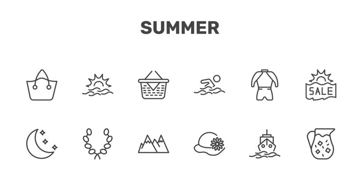 summer icon set with beach bag, sun at sea, pinic basket, sangria signs in flat outline style