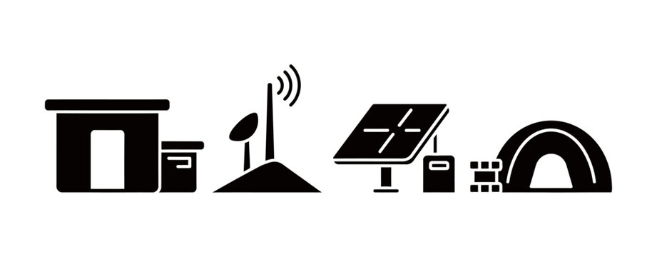 A collection of minimalist black icons featuring field base infrastructure including modular shelters communication towers renewable energy solar panels and temporary camping tents