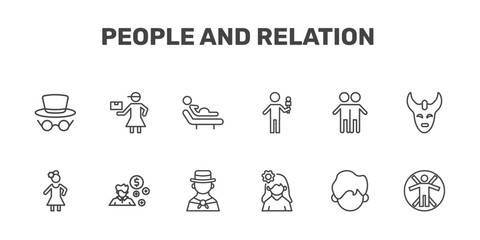 Fototapeta premium people and relation icon set with hat and glasses, delivery woman, birth, vitruvian man signs in flat outline style