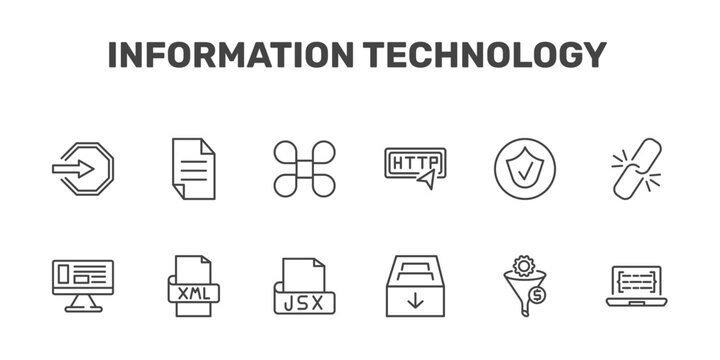 information technology icon set with login, page, command, code listing signs in flat outline style