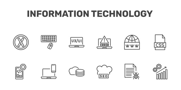 information technology icon set with error, keyboard and mouse, ux de, seo growth signs in flat outline style