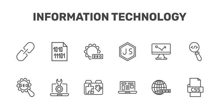 information technology icon set with hyperlink, binary file, image seo, css signs in flat outline style