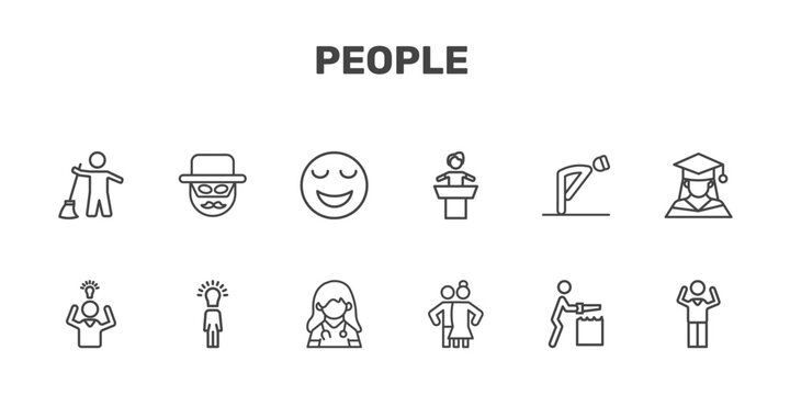 people icon set with sweeper working, zorro, relieved smile, success man happy signs in flat outline style