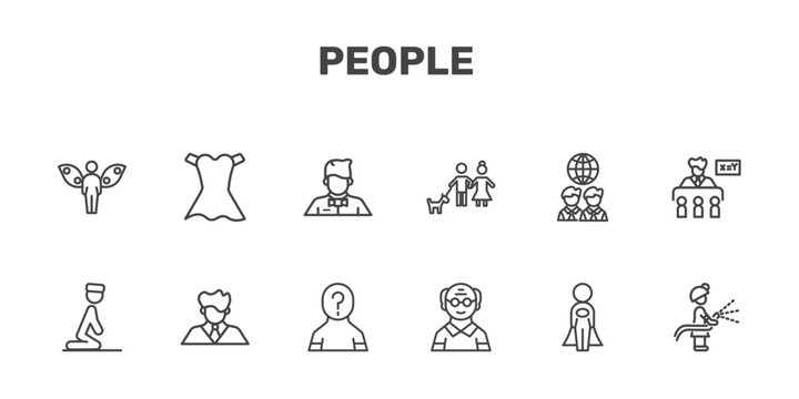people icon set with grace, women dress, waiter working, firefighter working signs in flat outline style
